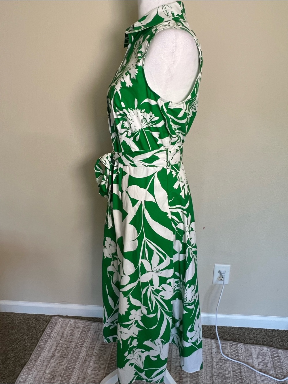 Calvin Klein Green White Floral Woven Midi Shirt Dress 6 Sleeveless Button - Picture 2 of 6